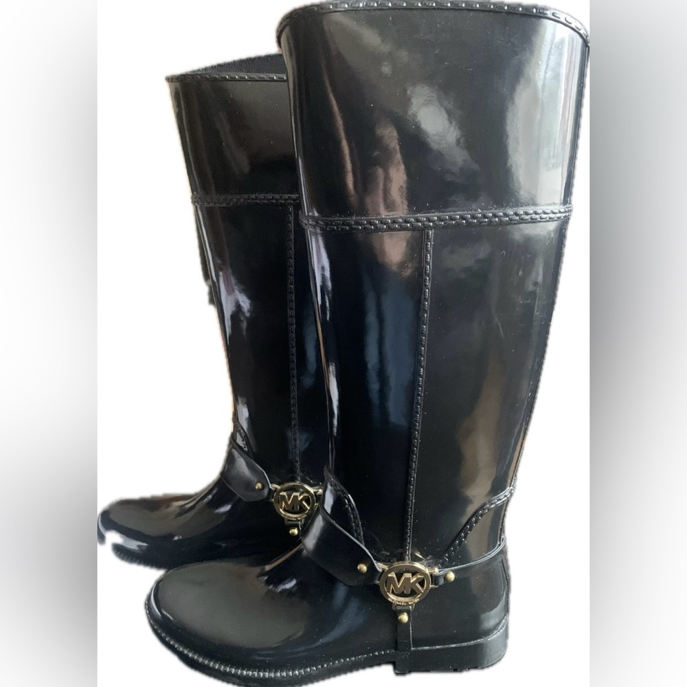 Michael Kors Glossy Black Rain Boots with Gold Accents